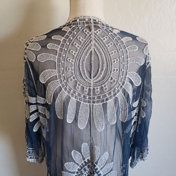 Rebellion Again Mesh Crochet Lace Open Kimono Cover Up Blue Size L Beachy Boho - Picture 7 of 11